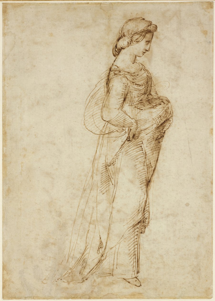 Rekto: Kvindefigur, der går til højre, WA1846.169 (pen og brunt blæk over ledepunktet) af Raffaello Sanzio Raphael