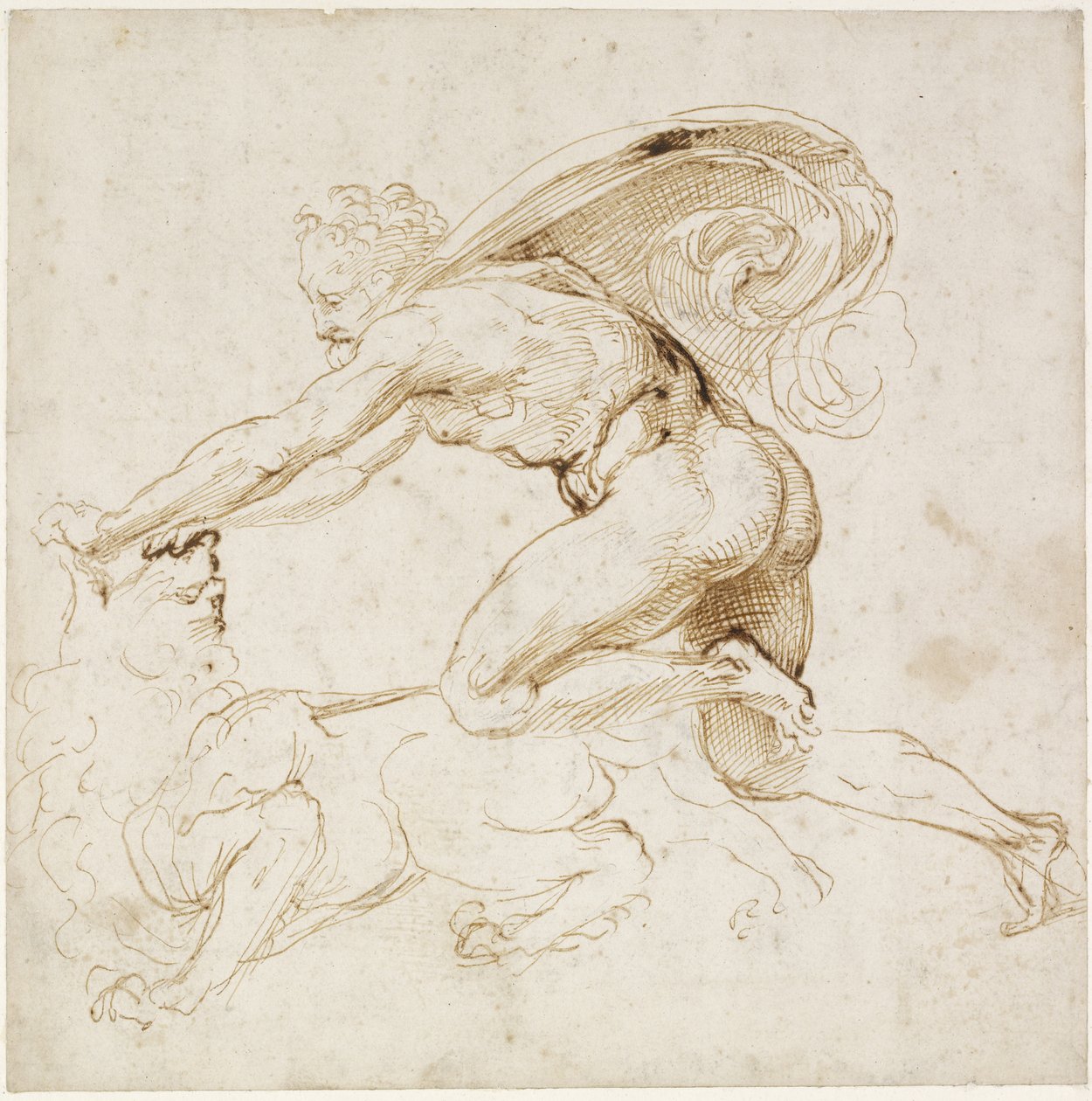 Recto: Hercules overmander Nemean-løven, WA1846.181 (pen og brunt blæk over blind stylus og spor af bly eller kridt) af Raffaello Sanzio Raphael