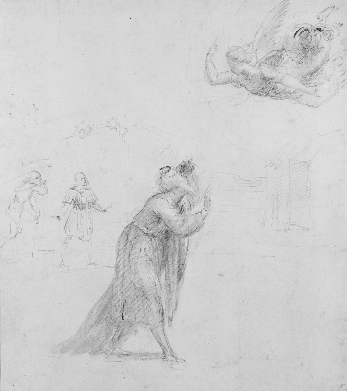 Recto: The Angel appearing to Joachim, WA1846.204 (pen & pensel i gulbrun vask over sort kridt forhøjet med hvid kropsfarve (delvis oxideret) på hvidt papir) af Raffaello Sanzio Raphael