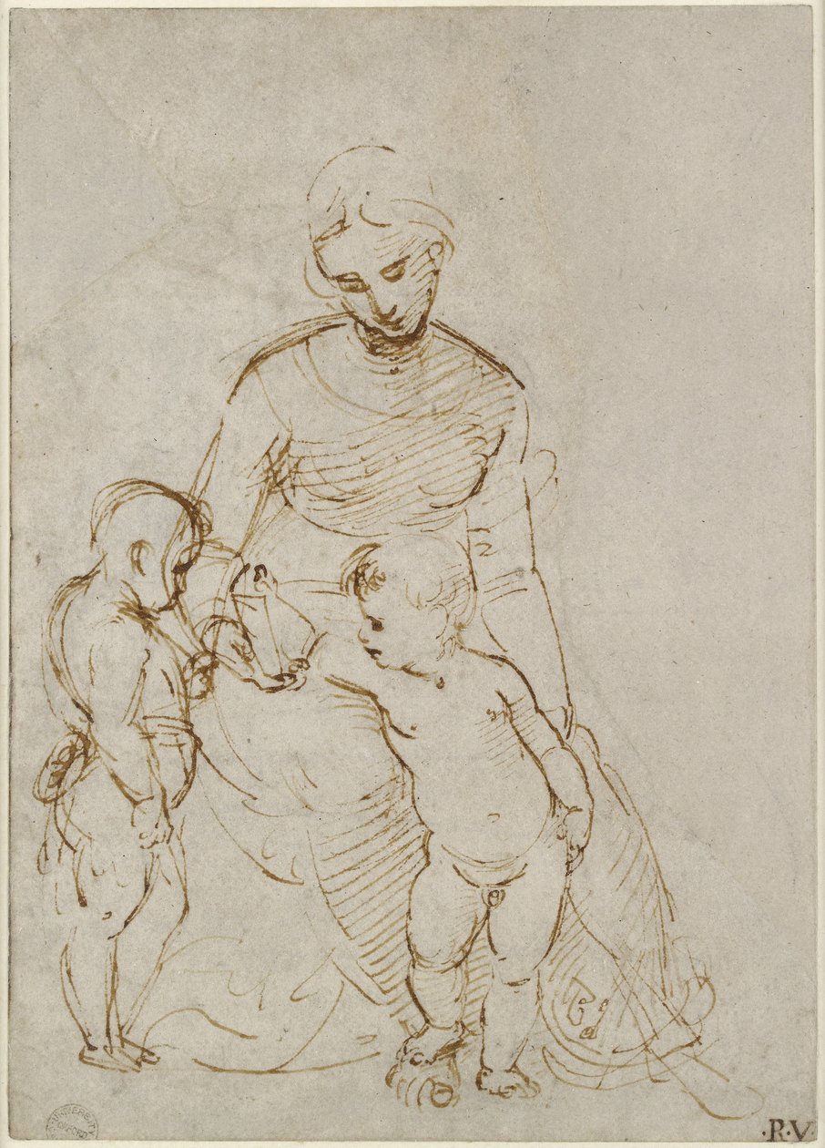 Rekto: Jomfruen og barnet med Johannes (The Madonna del Cardellino), WA1846.160 (pen og brunt blæk over blind stylus, nogle spor af bly eller kridt) af Raffaello Sanzio Raphael