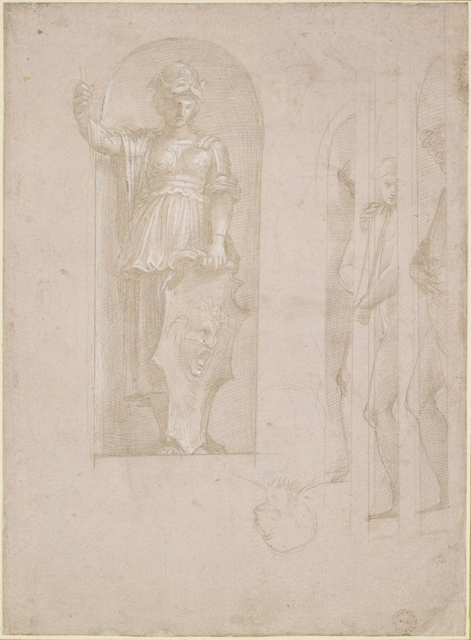 Studier til en figur af Minerva og andre statuer (Studie for Athens Skole), WA1846.192 (metalpoint med hvid forhøjning på lyserødt forberedt papir) af Raffaello Sanzio Raphael
