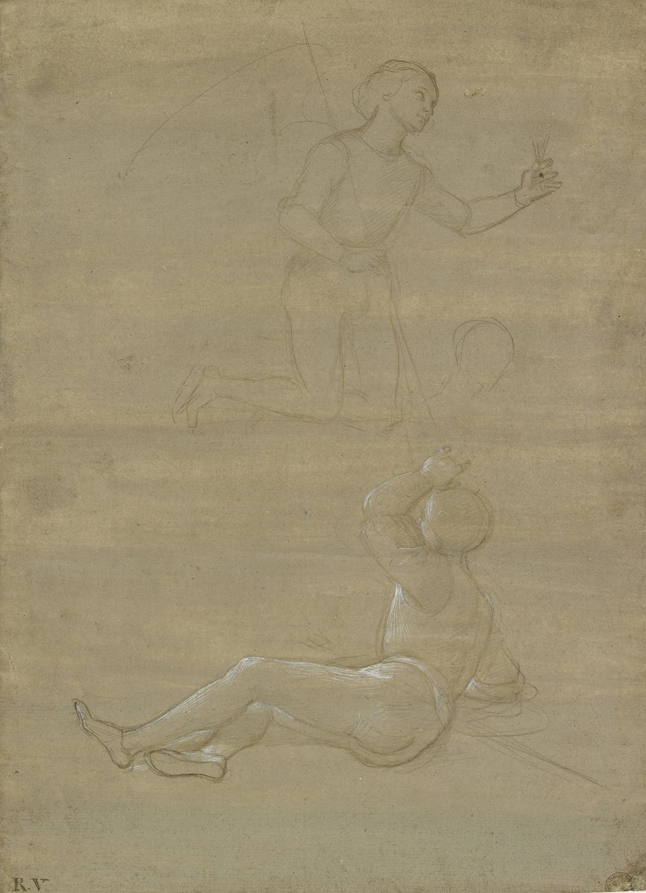 Studier for en vagt i en opstandelse og af en engel, WA1846.150 (metalpoint på brungråt forberedt papir med hvid forhøjning) af Raffaello Sanzio Raphael
