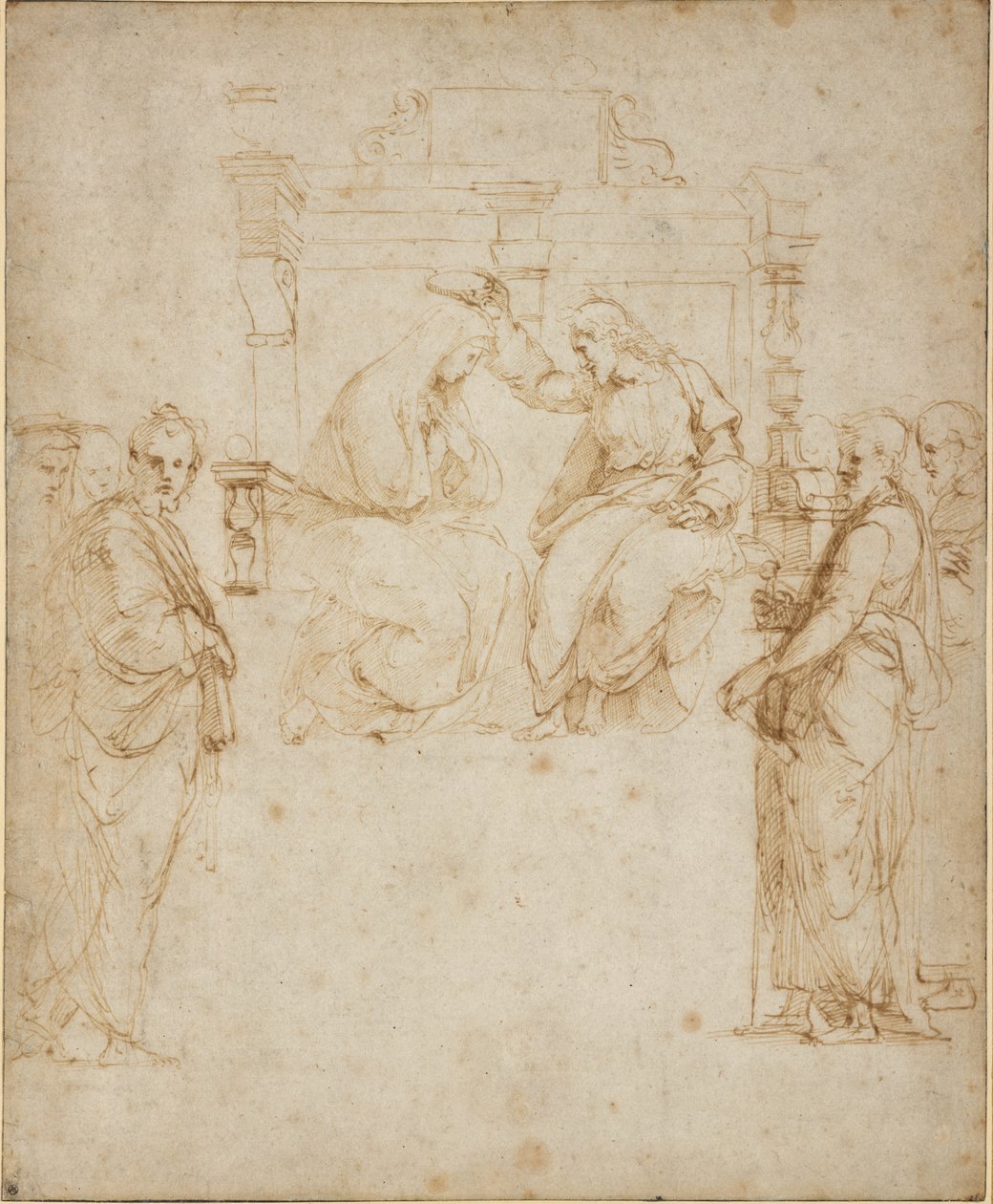 The Coronation of the Virgin, WA1846.206 (pen & brunt blæk over blind stylus, arkets kanter regeret med sort blæk) af Raffaello Sanzio Raphael