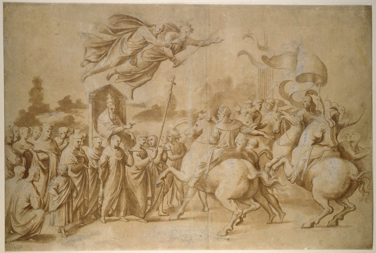 The Repulse of Attila, WA1846.277 (penseltegning i brun vask forhøjet med kropsfarve (oxideret) på brunfarvet papir) af Raffaello Sanzio Raphael