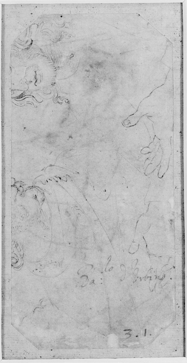 Verso: Skitser af to mandlige hoveder og et par hænder, WA1846.167 (pen og brunt blæk på hvidt papir) af Raffaello Sanzio Raphael