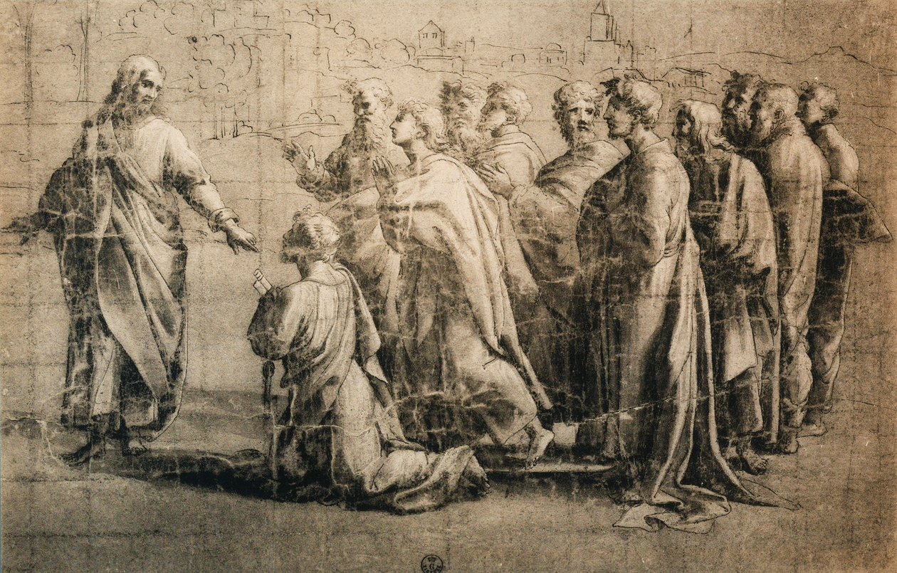 Kristus giver nøglerne til Sankt Peter; tegning fra Rafaels skole. Kabinet for tegninger og tryk, Uffizi, Firenze af School of Raphael