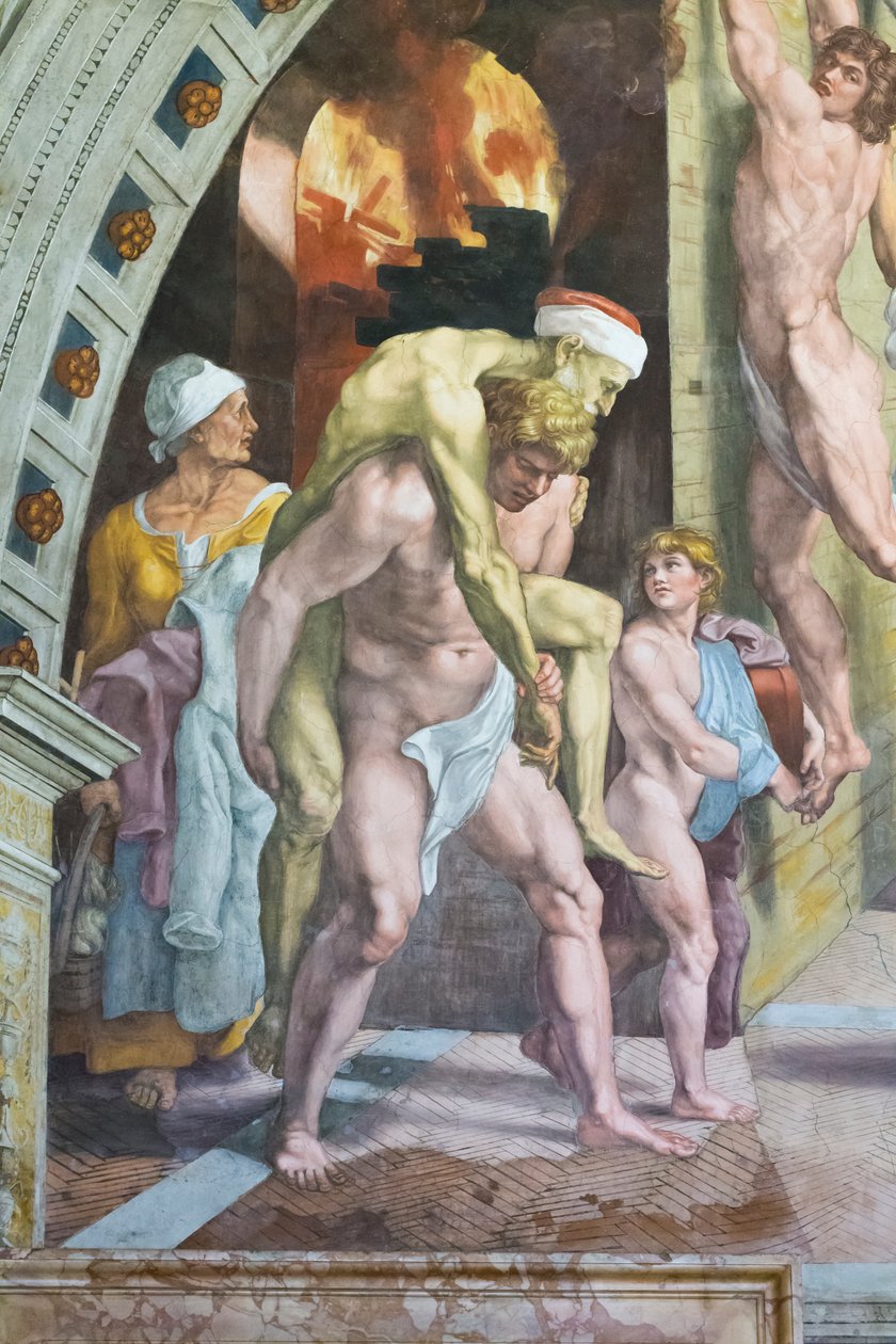 Branden i borgoen, detalje, der sandsynligvis forestiller Aeneas, der flygter sammen med sin far Anchises og sin søn Ascanius af Raphael (1483 1520) (& studio)