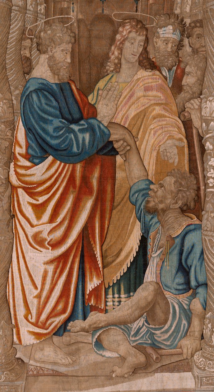 flamsk gobelin. Serie Apostlenes Gerninger. Den lamme mands mirakel (El milagro del paralítico). Tredje gobelin i serien. Model tegneserie af Rafael Sanzio. 1519. Fremstilling Jan Raes II, Bruxelles. Ca1605-1629. Stof Silke og uld. Størrelse 524 x 400 af Raphael