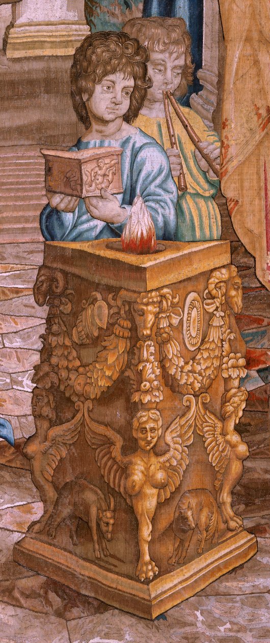 flamsk gobelin. Serie Apostlenes Gerninger. Saint Paul og Saint Barnabas i Lystra (San Pablo y San Bernabé en Lystra). 8. stof i serien, den blev delt i to for at tilpasse den til rummet. Model tegneserie af Rafael Sanzio. 1519. Fabrik Jan Raes af Raphael