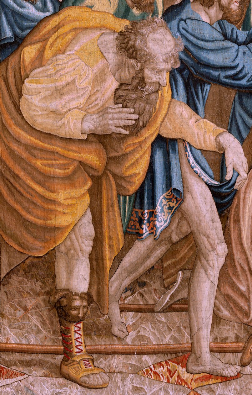 flamsk gobelin. Serie Apostlenes Gerninger. Saint Paul og Saint Barnabas i Lystra (San Pablo y San Bernabé en Lystra). 8. stof i serien, den blev delt i to for at tilpasse den til rummet. Model tegneserie af Rafael Sanzio. 1519. Fabrik Jan Raes af Raphael
