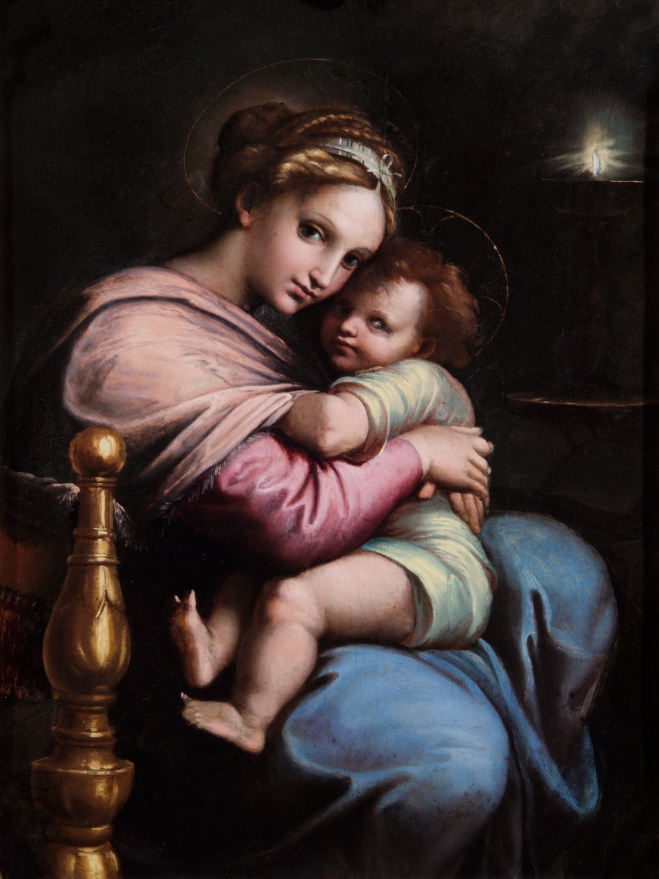 The Virgin and Child, tidligt på 17. (olie på panel) af Raphael (1483 1520) (after)
