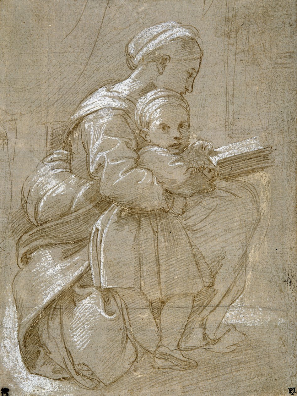 En kvinde, der sidder på en stol og læser, med et barn stående ved hendes side (metalspids & hvid kropsfarve på papir) af Raphael