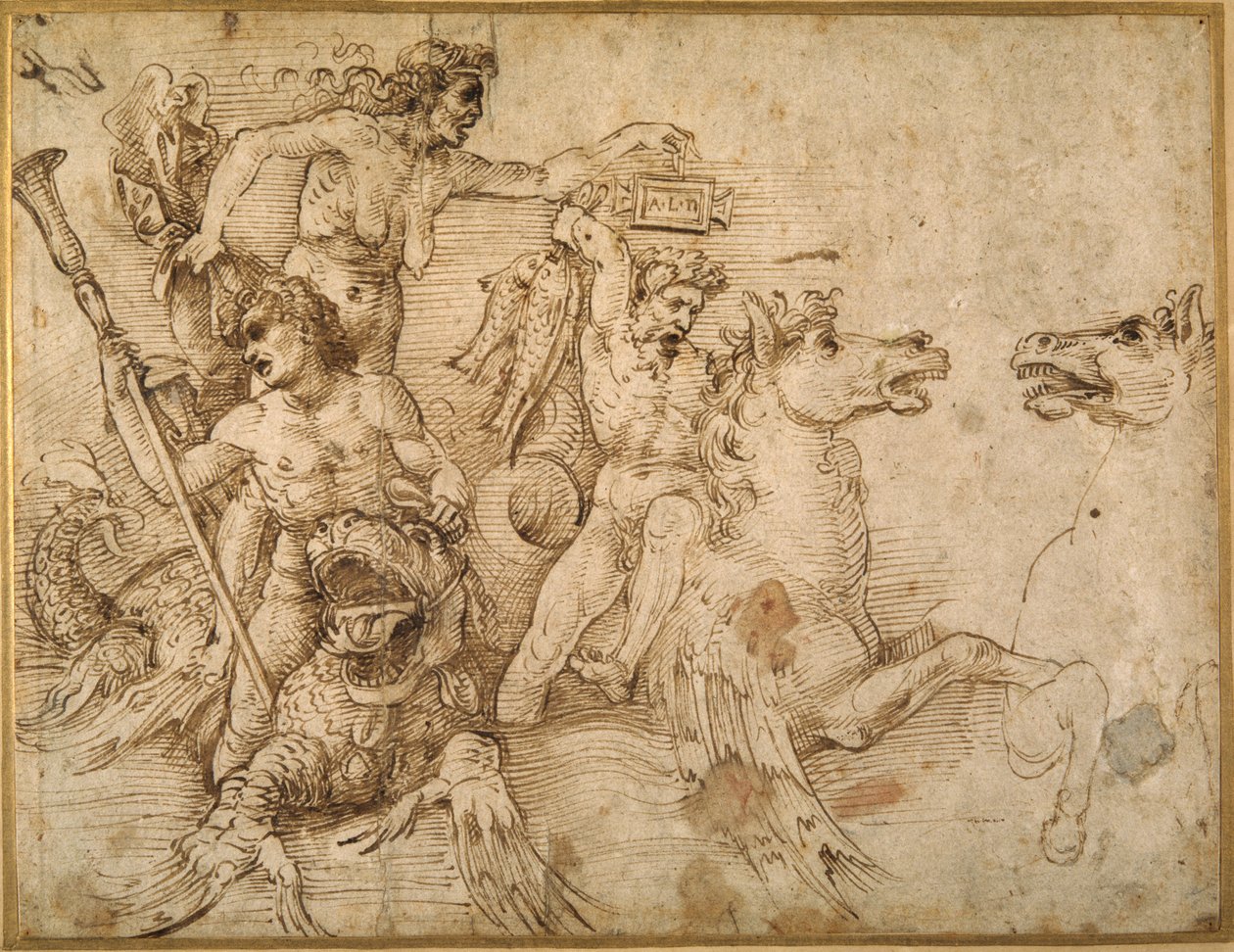 Battle of the Tritons, efter Andrea Mantegna (pen & brunt blæk på hvidt papir) af Raphael