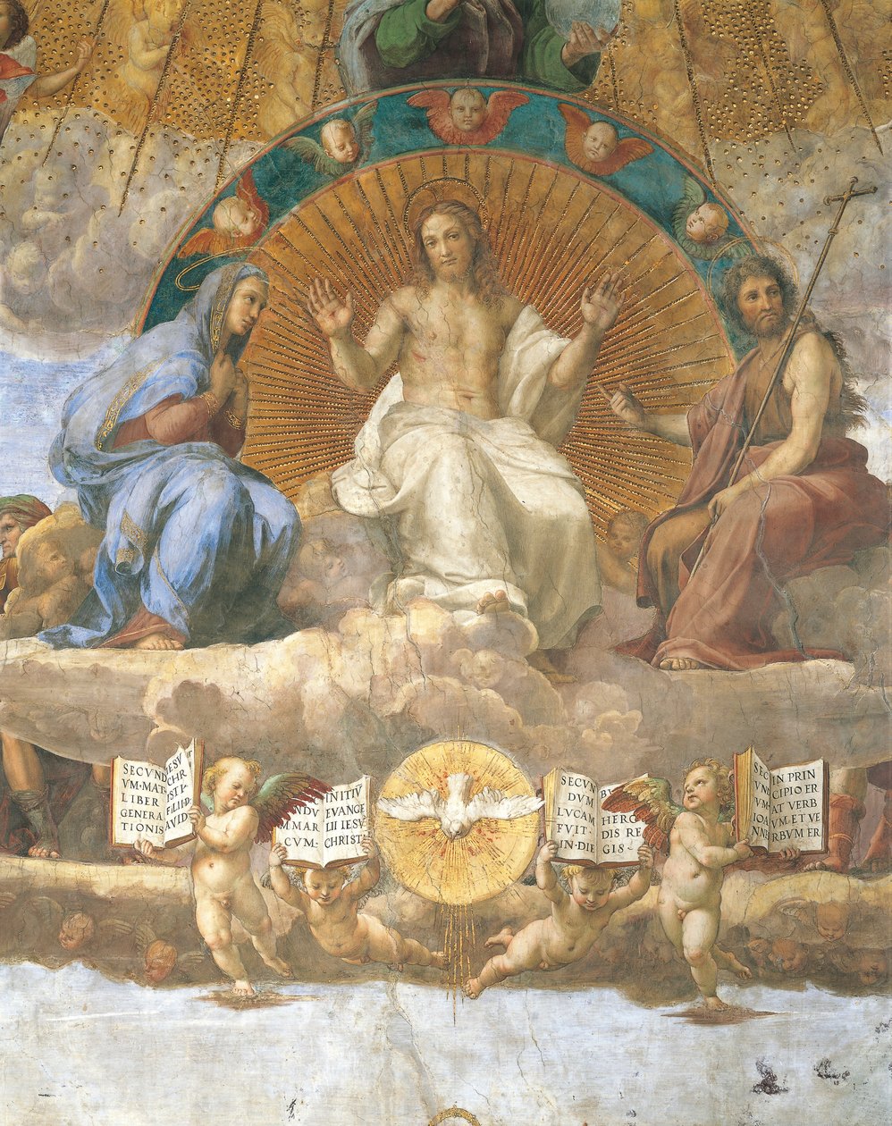 Kristus flankeret af den hellige jomfru Maria og Johannes Døberen, detalje i disputationen om det hellige sakramente af Raphael