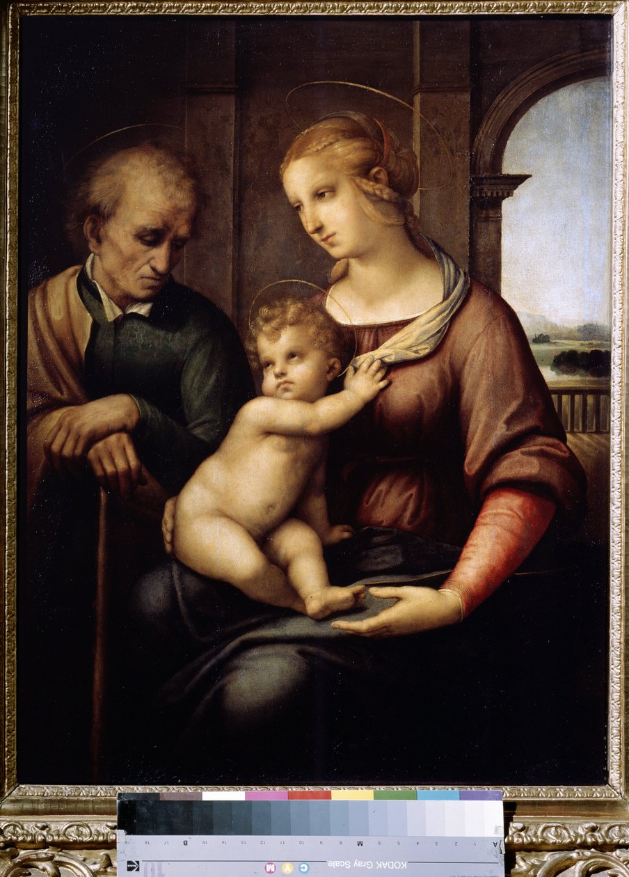 La Sainte famille med Saint Joseph skægløs eller Den hellige familie eller Madonna med skægløse Joseph. Peinture de Raffaello Sanzio dit Raphael (1483-1520) af Raphael