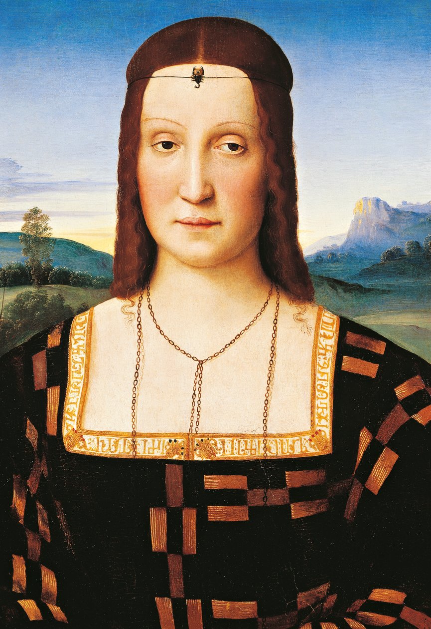 Portræt af Elisabetta Gonzaga, hertuginde af Urbino, ca. 1504 (olie på panel) af Raphael (1483 1520)