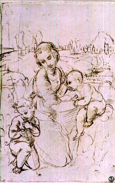 Studie af en madonna og et barn med spædbarnet St. Johannes Døberen (pen og blæk) af Raphael