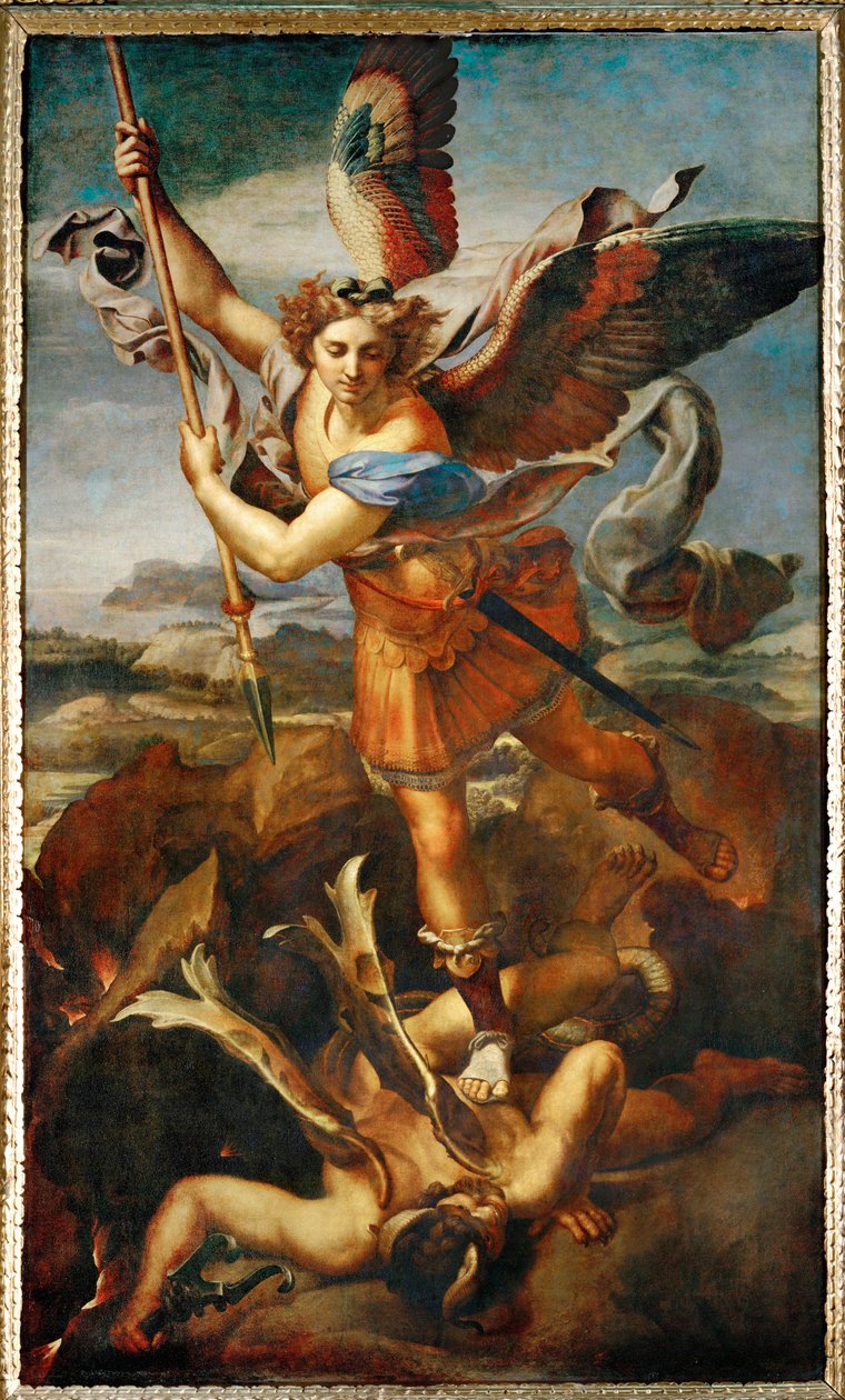 Ærkeenglen Michael dræber dæmonen ... af Raphael (1483-1520)
