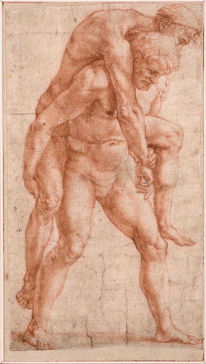 Ung mand bærer en gammel mand på ryggen (Aeneas og Anchises), ca. 1514 (sangvinsk på papir) af Raphael (1483 1520)