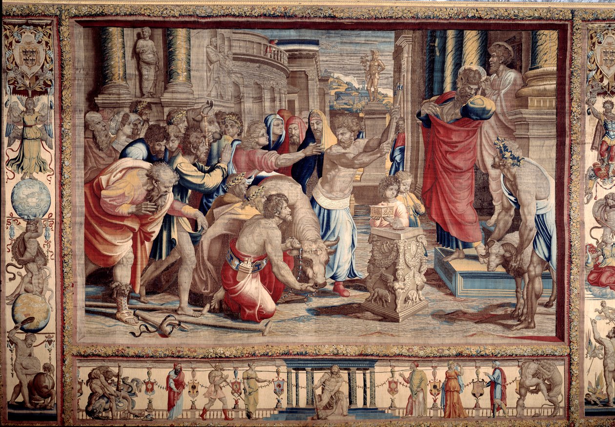 Offeret i Lystra - Apostlene Peter og Pauls liv: Sankt Paulus afviser guddommelig ære, efter at have bekæmpet en invalid, tager indbyggerne ham for en gud og ønsker at ofre - Tapestry d