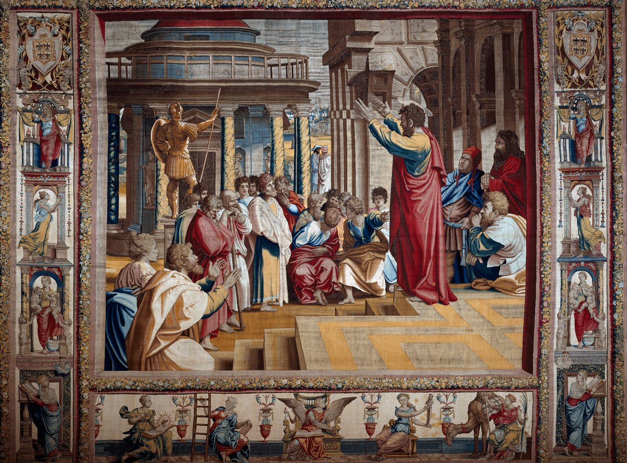 Apostlen Sankt Paulus prædiker i Athens tapestry efter maleri på pap af Raffaello Sanzio dit Raphael (1483-1520), begyndelsen af det 16. århundrede søn. 4,95x6,45 m Mantua, hertugpalads (Mantua) af after Raphael