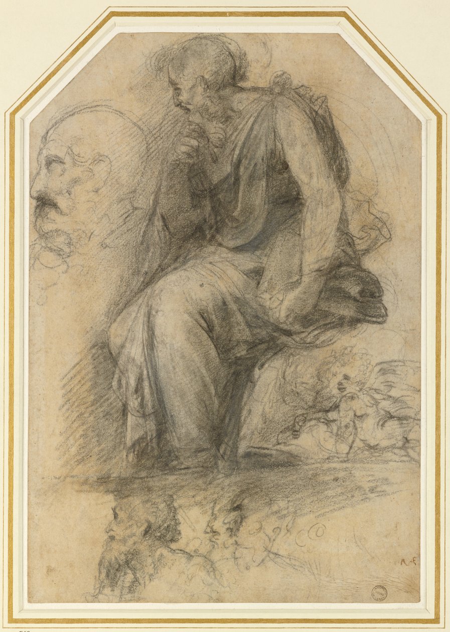 En mandlig helgen, siddende (St. Paul): Study for the Disputa, WA1846.189 (kul med hvid forhøjning) af Raphael