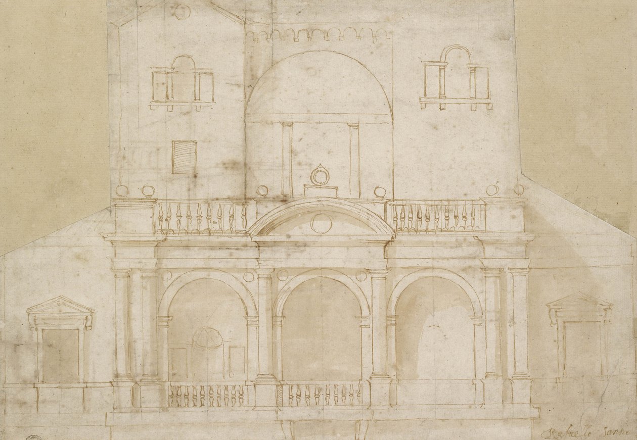 Arkitektonisk design (Villa Madama) (pen og brunt blæk med brun vask på råhvidt papir) af Raphael