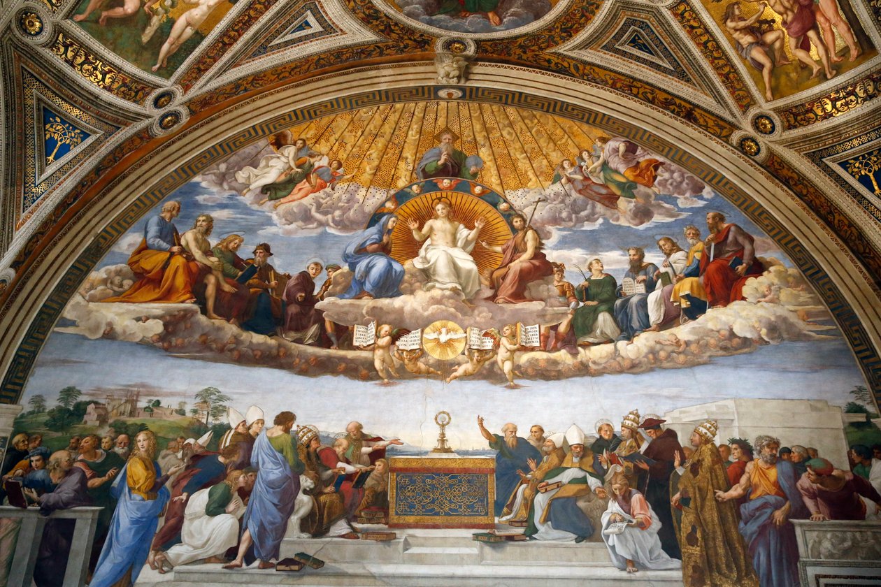 Disputation af det hellige sakramente, i Stanza della Segnatura (frisk) af Raphael (1483 1520)