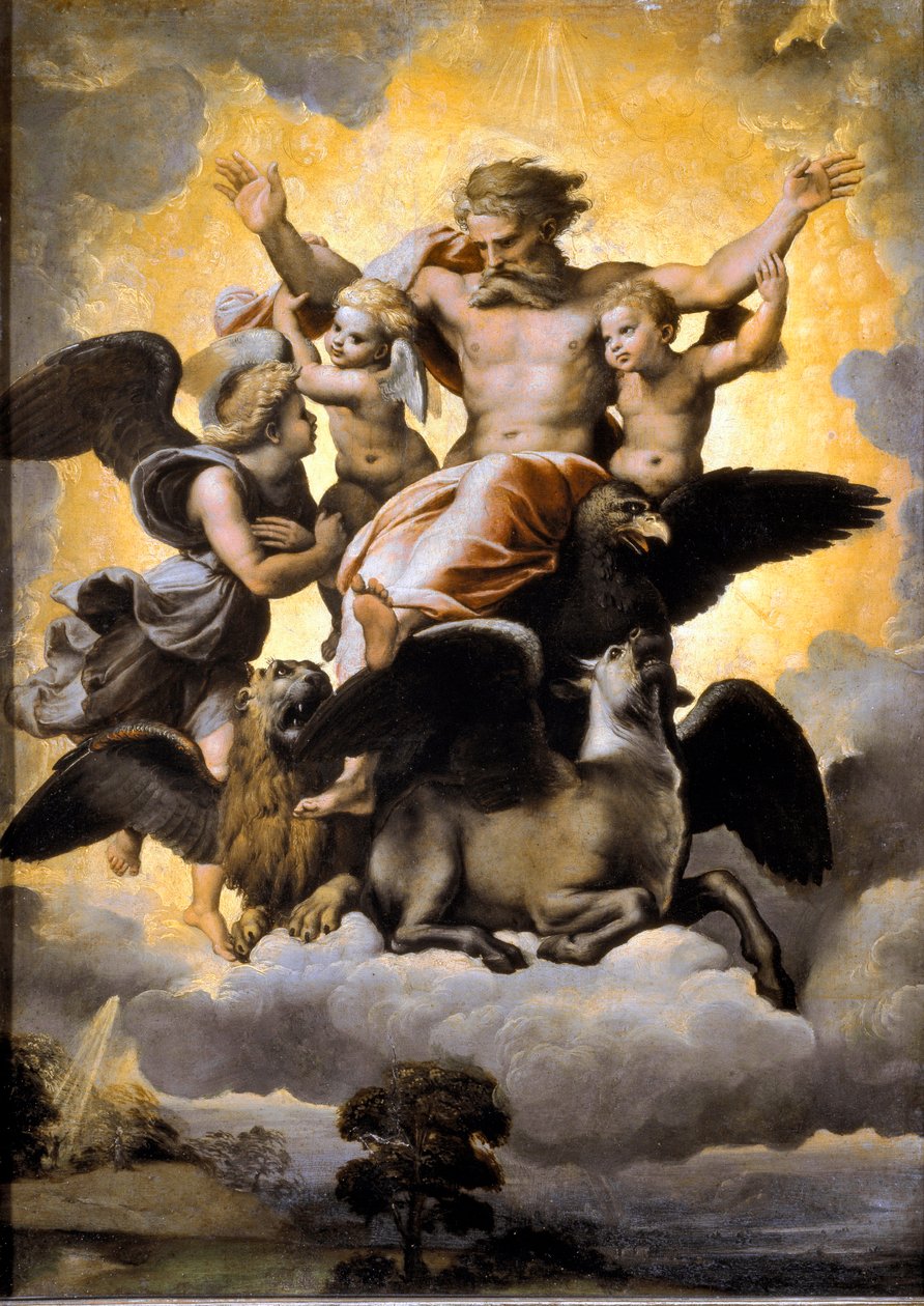 Ezechiels vision. Med tetramorfen omgivet af kerubiner. (Maleri af Raphael