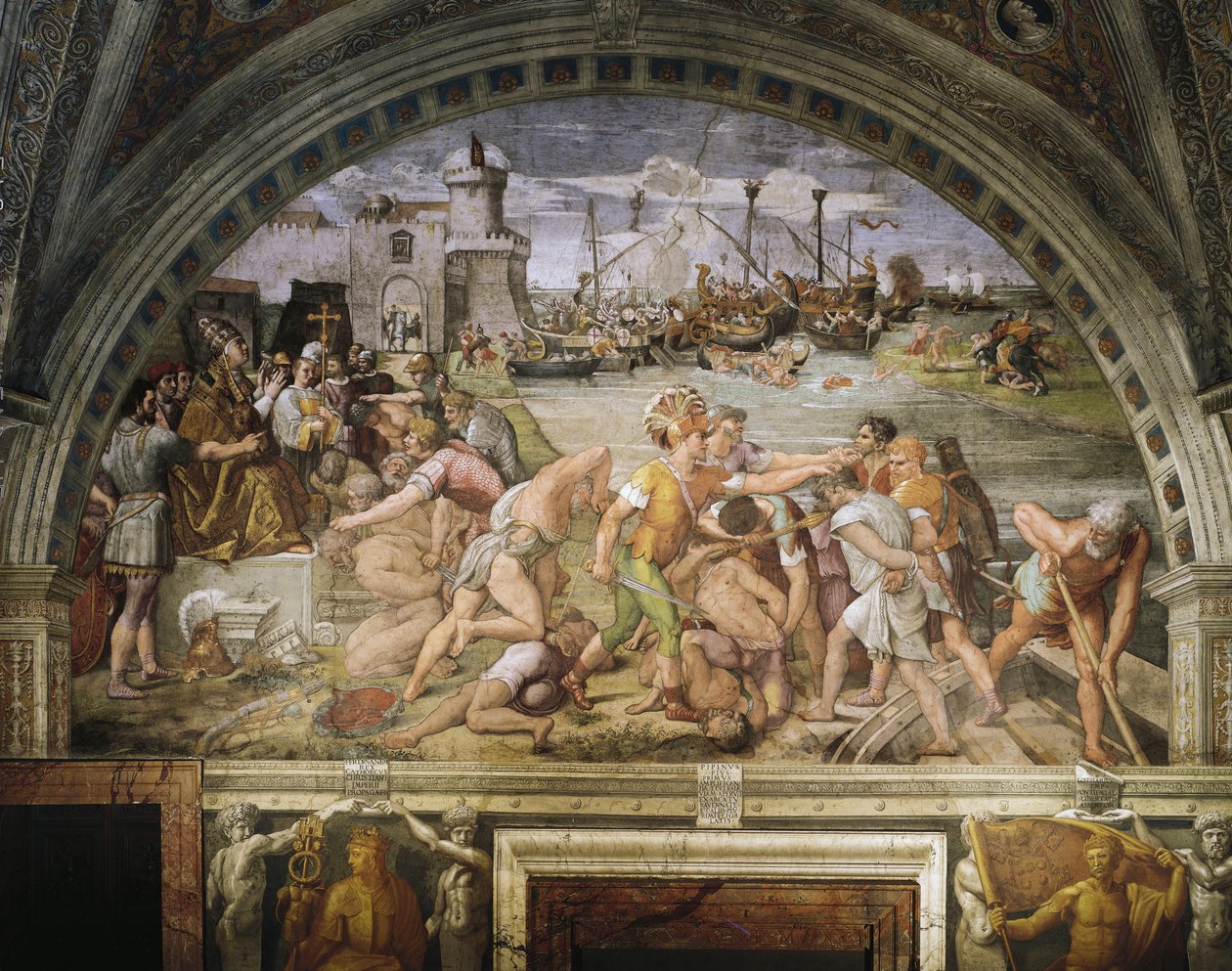 Fanlight, fresker af Raffaello Sanzio (1483-1520) og tilhængere, skildrer slaget ved Ostia, Stanza dell