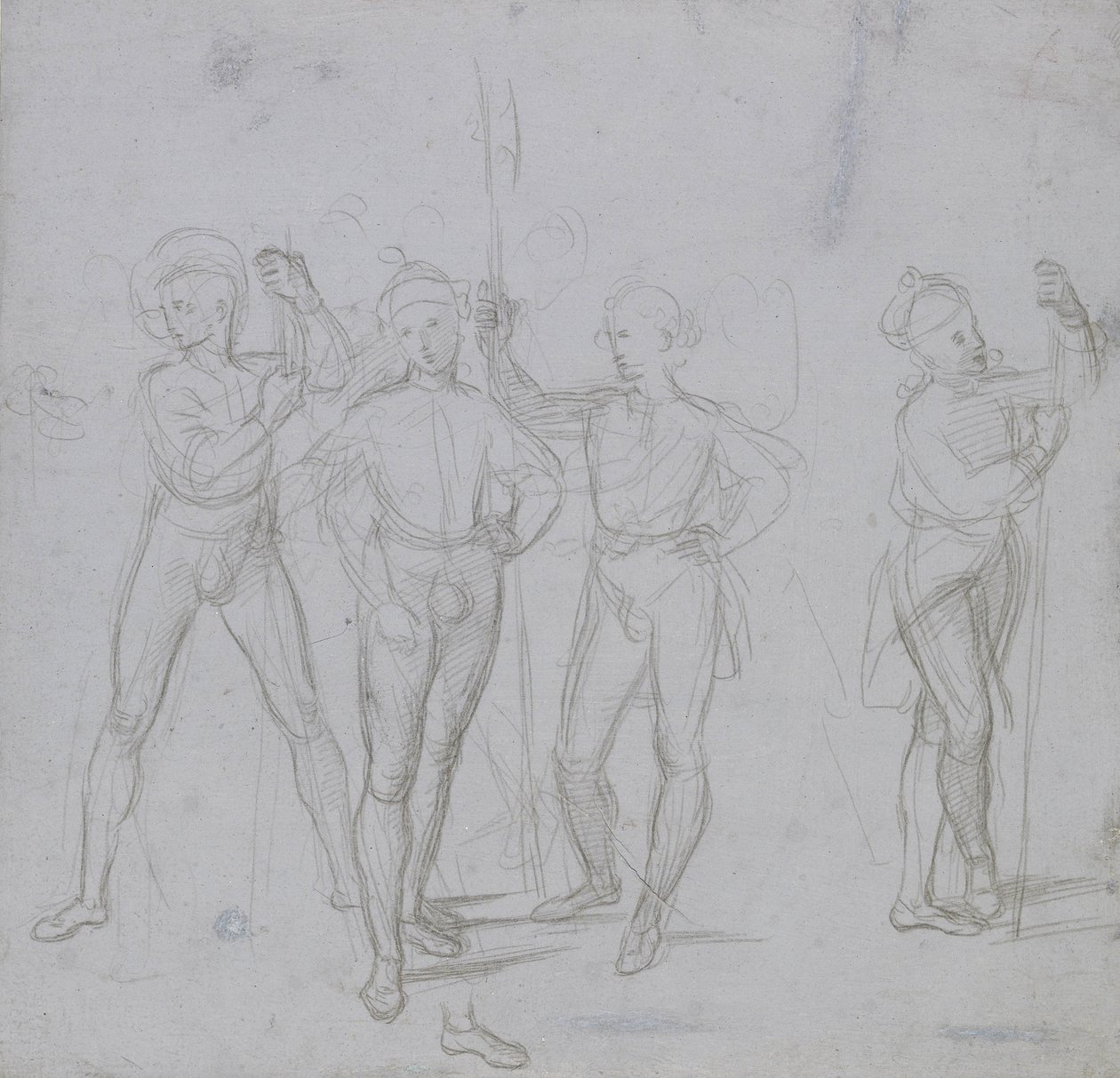Gruppe på fire stående soldater (sølvspids på et blågrå præparat på råhvidt papir) af Raphael