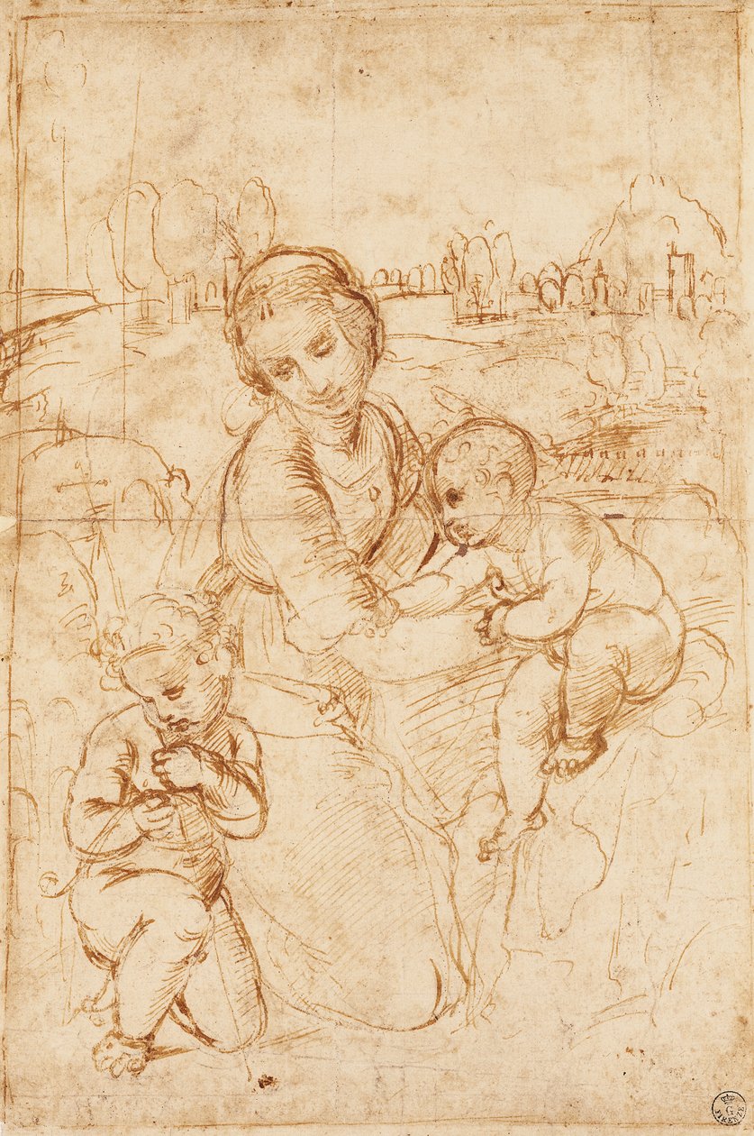 Madonna ja lapsi lapsen Pyhän Johannes Kastajan kanssa, noin 1508, Rafael (1483-1520), piirustus af Raphael (1483 1520)