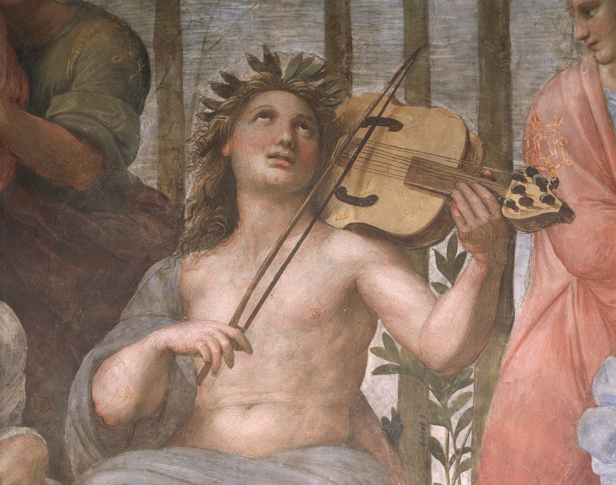 Parnassus, detalje af Apollo, der spiller en bratsch, fra Stanza della Segnatura af Raphael