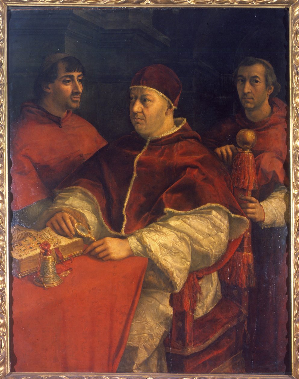 Portræt af pave Leo X (1475-1521), søn af Laurent de Medici (1449 - 1492) (Laurent den Storslåede: Lorenzo den Storslåede) omgivet af kardinalerne Luigi de 