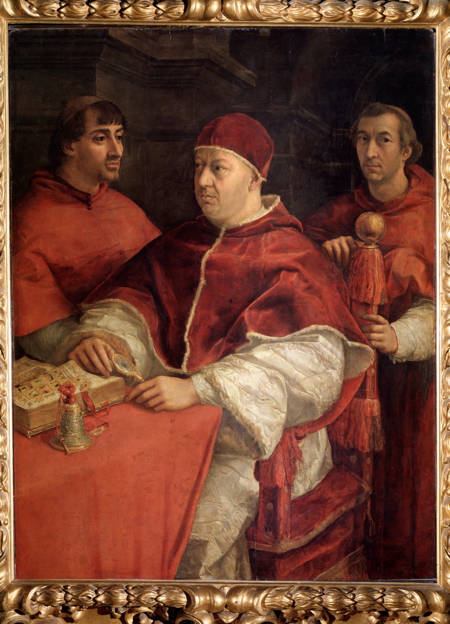 Portræt af pave Leo X med kardinal Louis de Rossi og Giulio de Medici - Olie på træ af Raphael