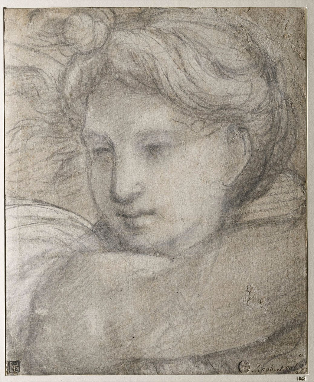 Raffaello Sanzio - Head of an Angel par Raphael (1483-1520), ca. 1520 - Sort og hvid kridt på papir, 30,8x25,4 - Szepmuveszeti Muzeum, Budapest af Raphael