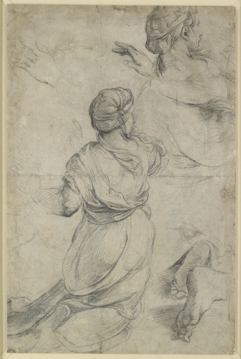 Recto: Studier for to knælende kvinder, WA1846.198 (sort kridt) af Raphael