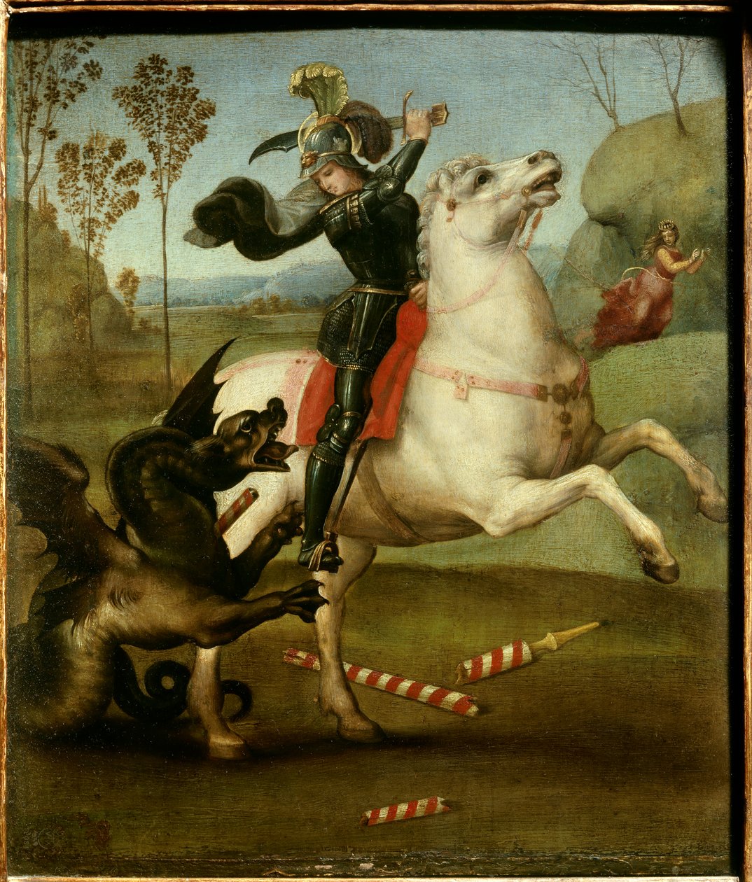 Sankt George kæmper med dragen Raphael (1483-1520/italiensk) Olie på træpanel - “” Sankt George kæmper med dragen””” Maleri af Raffaello Sanzio (Raphael) (1483-1520) 1505 Søn. 0,29x0,25 m af Raphael