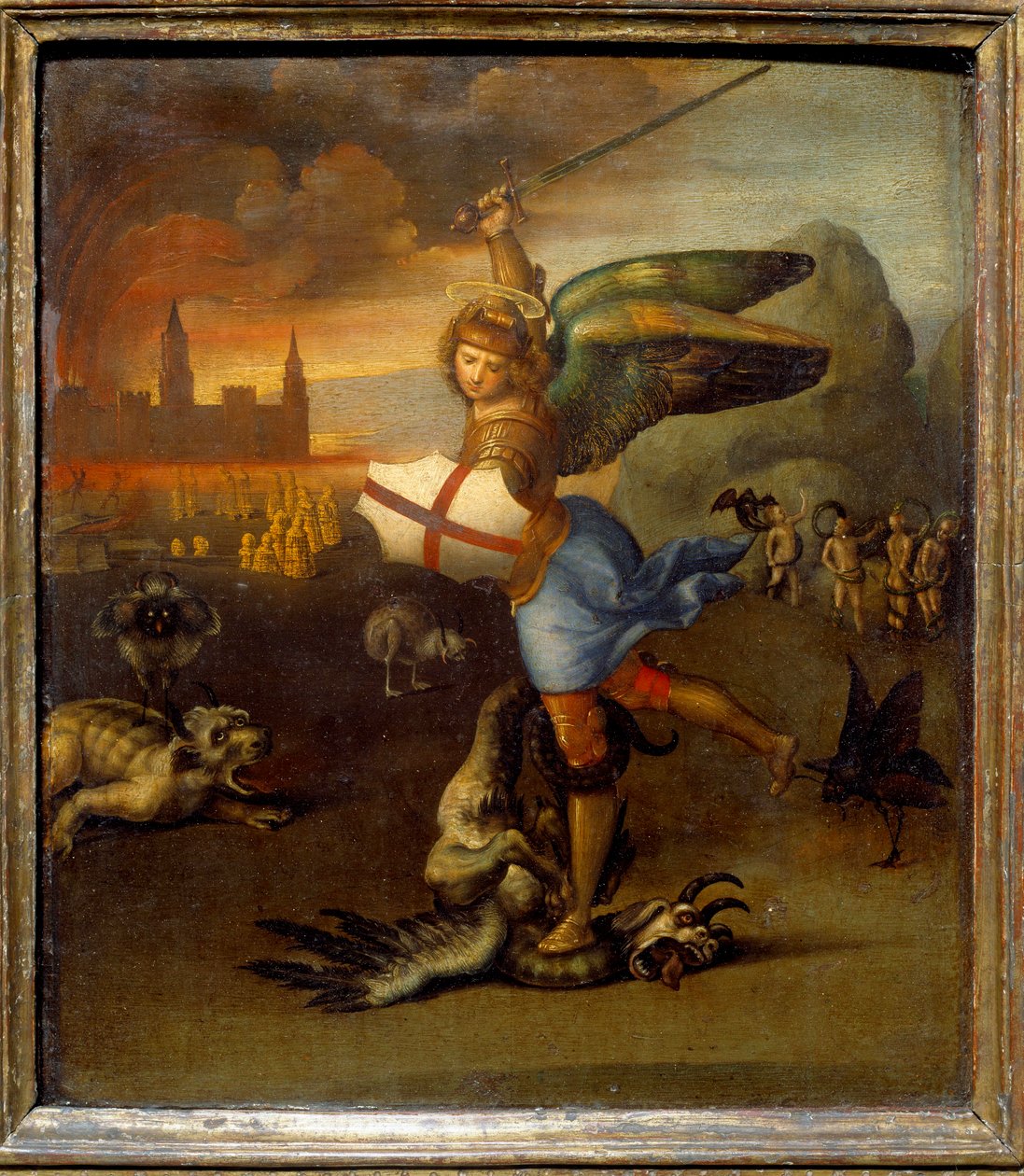 St. Michael and the Dragon c.1505 Raphael (1483-1520/italiensk) Olie på træpanel - "" Saint Michel terrassant the dragon""" Maleri af Raffaello Sanzio (Raphael) (1483-1520) 1505 Søn. 0,29x0,25 m af Raphael