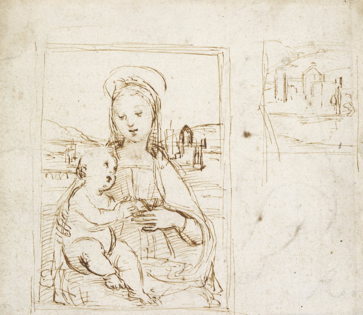 Studie til et billede af jomfruen og barnet (pen og brunt blæk over metalpoint på hvidt papir) af Raphael
