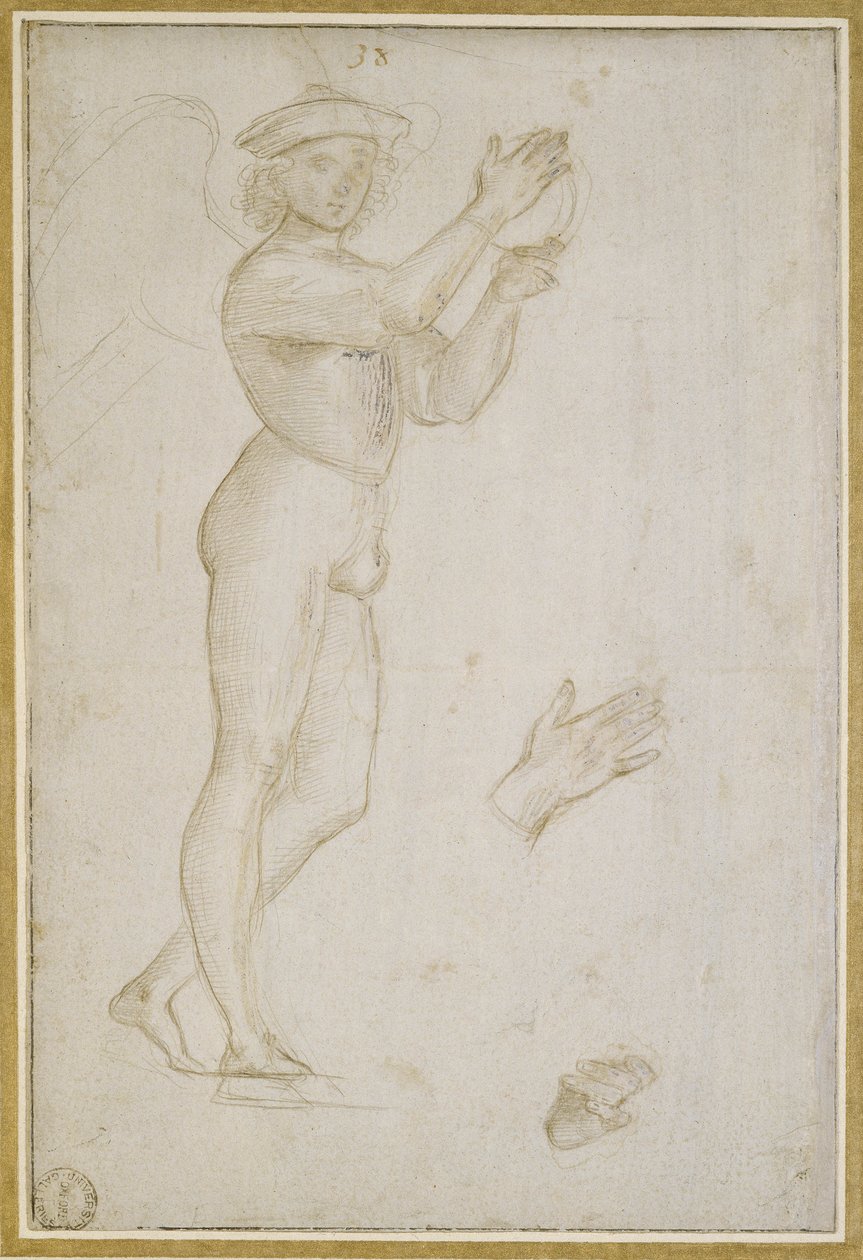 Studie af en ung mand, der laver musik (sølvspids, forhøjet med kropsfarve, på et bleg stengrå præparat) af Raphael
