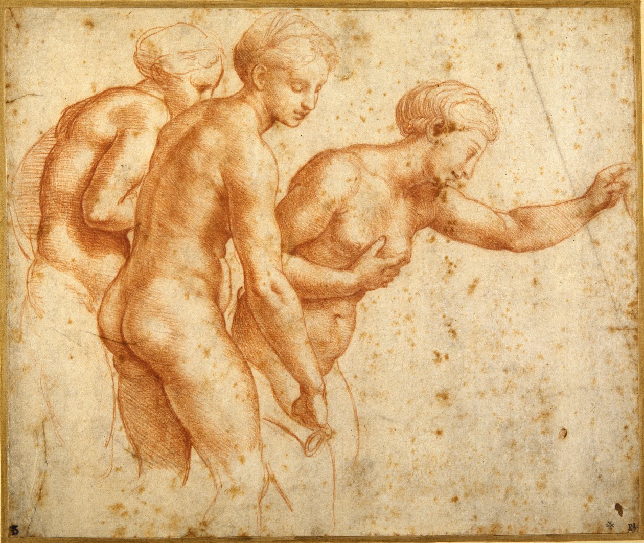 De tre nåder (rødt kridt på hvidt papir) af Raphael