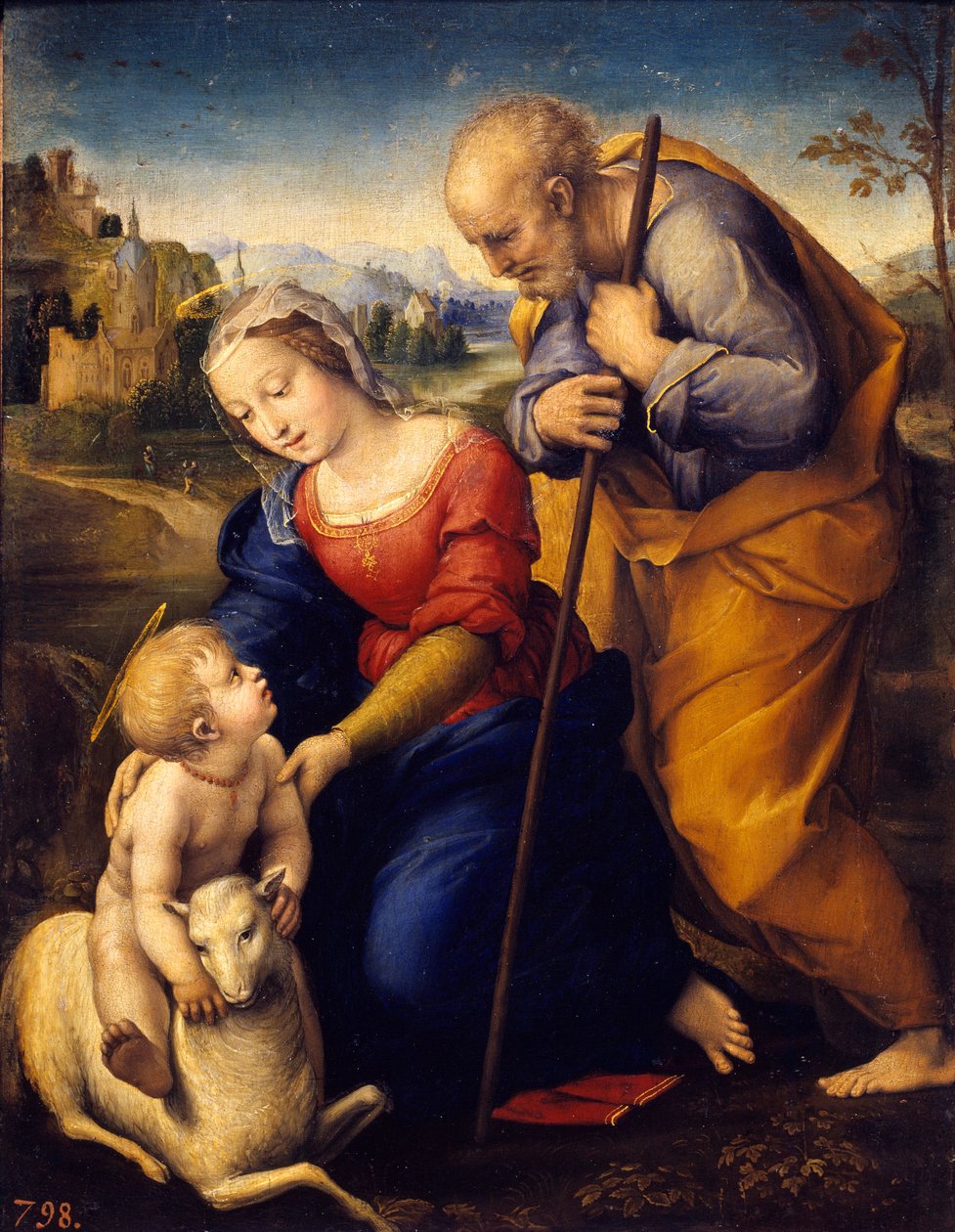 Den hellige familie har lammet. Maleri af Raffaello Sanzio dit Raphael (1483-1520) af Raphael
