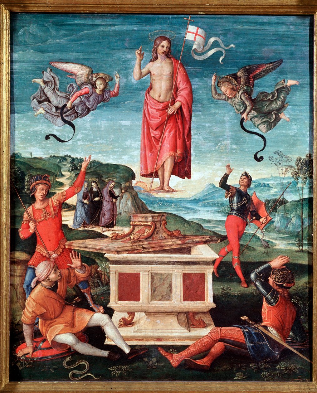 Opstandelsen (The resurrection of christ) Jesus Kristus har et pindekors i enden af hvilket et hvidt flag (standard) svæver med et rødt kors - Maleri af Raffaello Sanzio dit Raphael (1483-1520) 1501-1502 Dim 52x44 cm Sao Paulo, Museu de Arte af Raphael