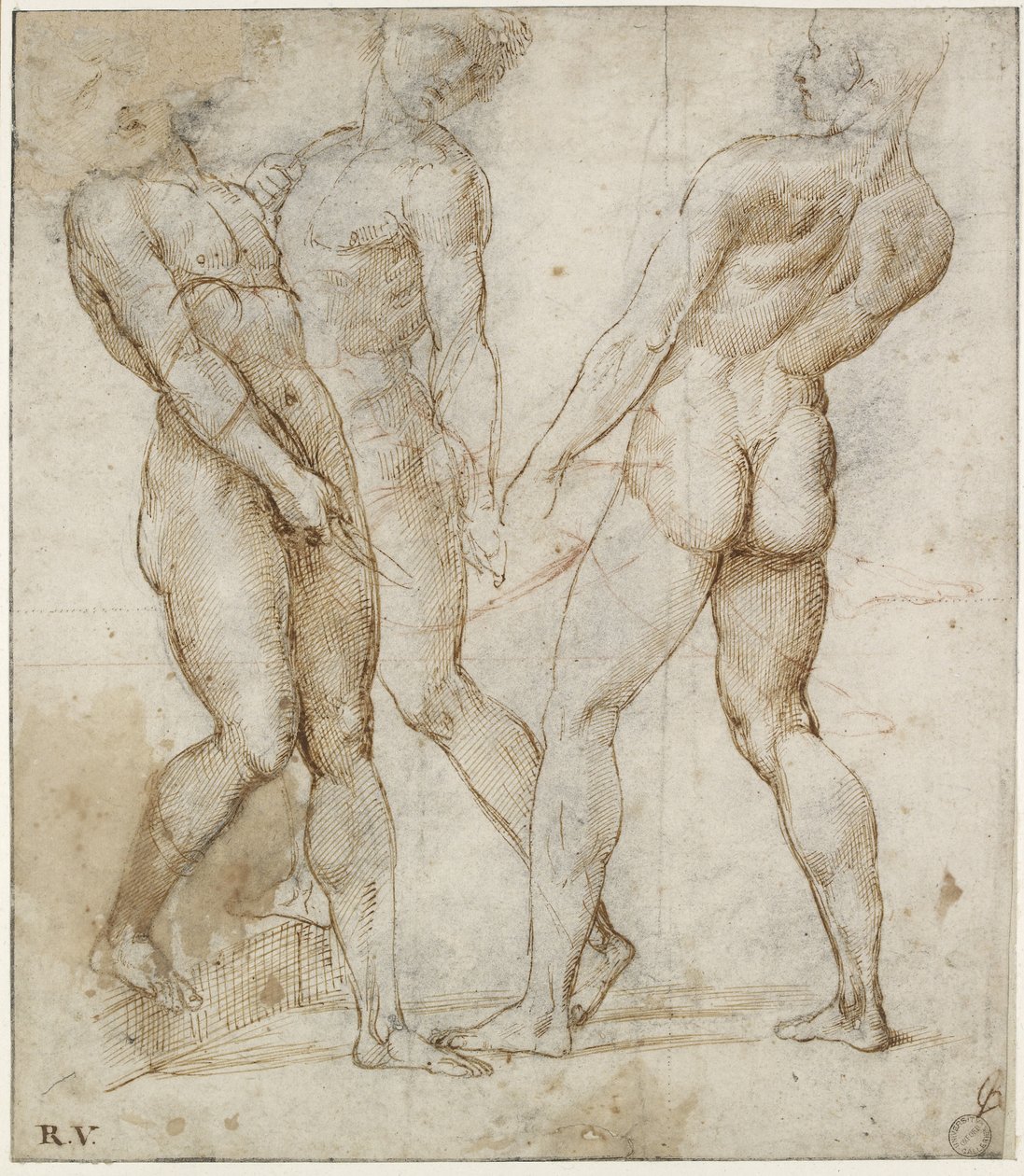 Tre nøgenbærere (studie for Kristi gravlæggelse), WA1846.173 (pen og brunt blæk over sort kridt, med rødt kridt over geometriske angivelser) af Raphael