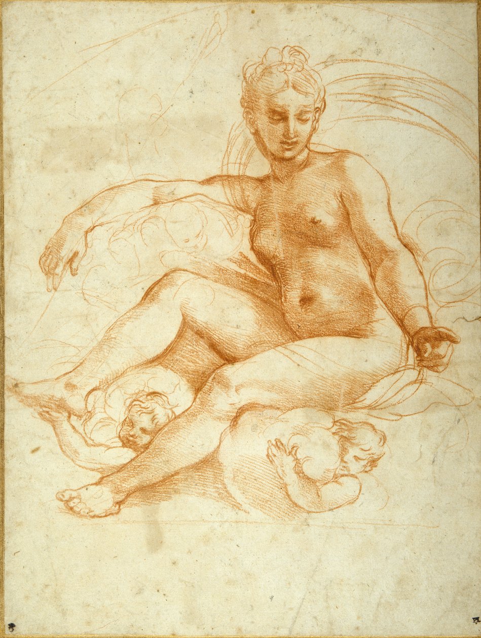 Venus sidder på skyer, der peger nedad (rødt kridt på hvidt papir) af Raphael