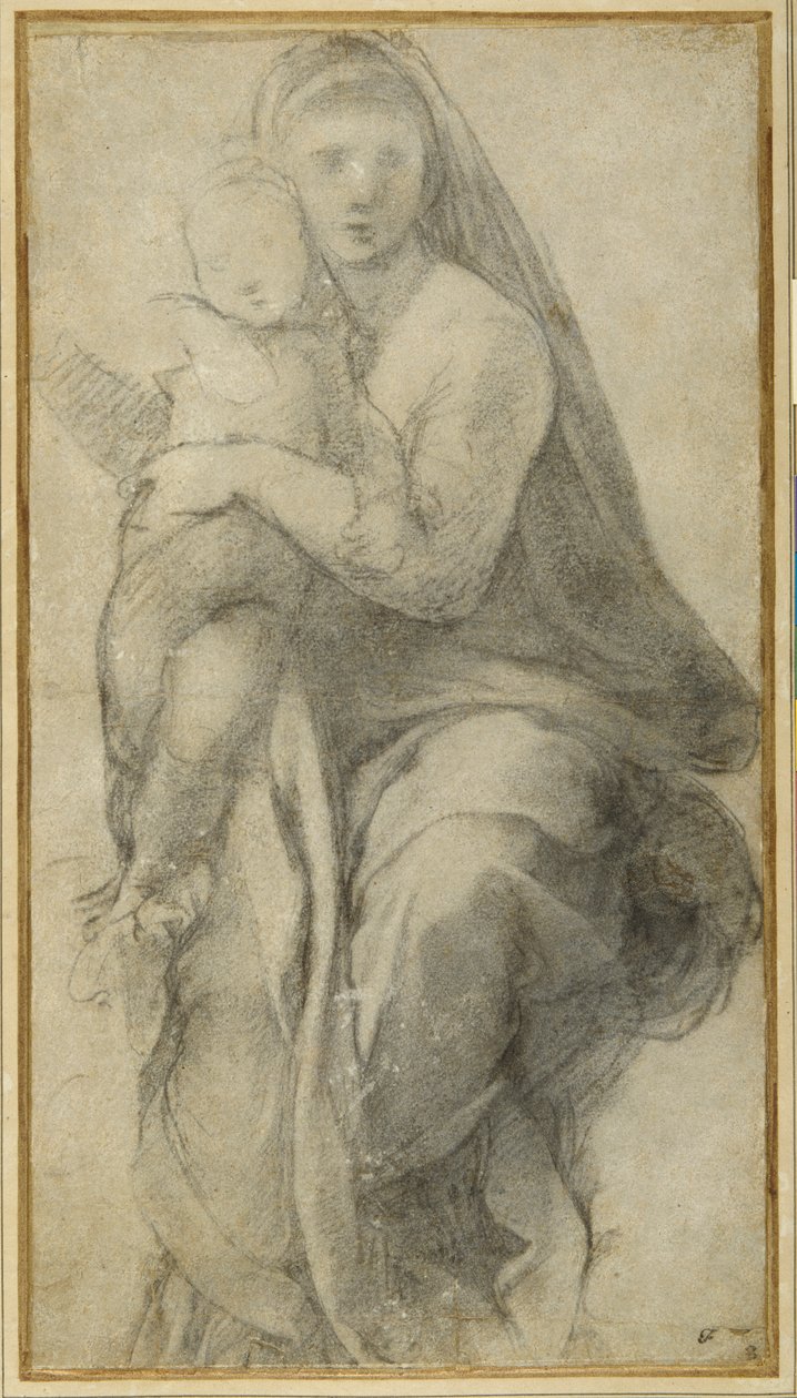 Jomfru og barn (sort kridt på gråt papir) af Raphael