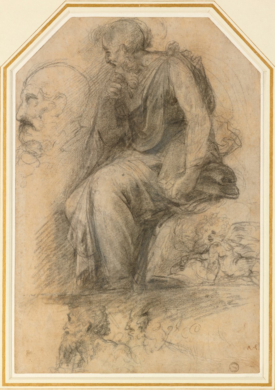 En mandlig helgen, siddende Study for the Disputa, c1500-tallet af Raphael