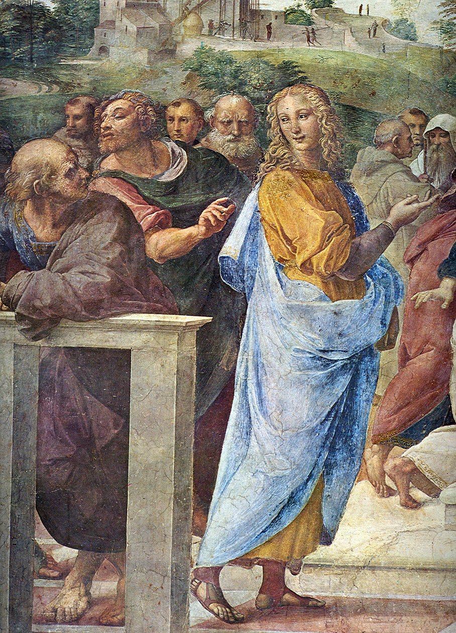 Bestride. Detalje: Arkitekt Bramante og Francesco Maria Della Rovere til højre, 1509 af Raffaello Sanzio Raphael