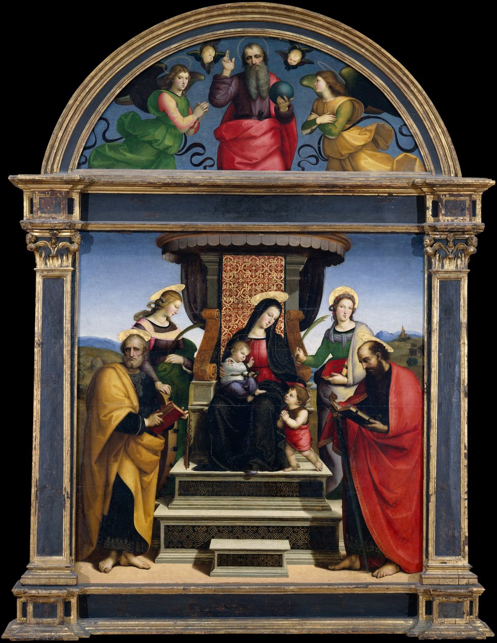 Madonna og barn på tronen med hellige, ca. 1504. af Raphael